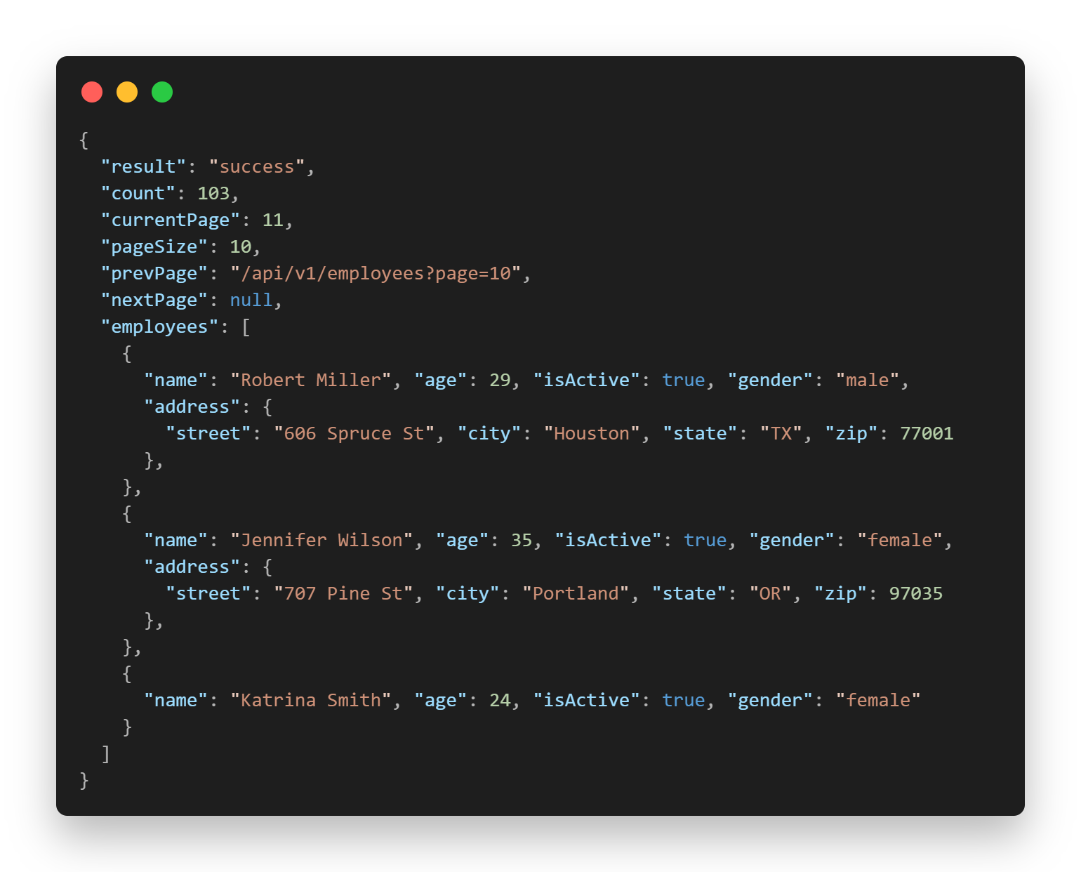 JSON Example showing employee data structure